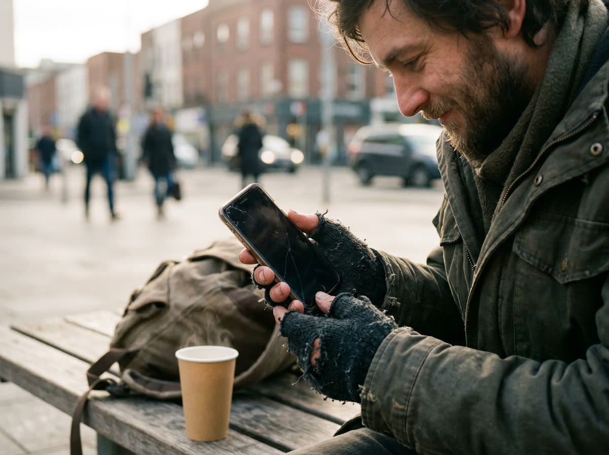 A man on a street bench in fingerless gloves, smiling at his phone beside a cup of coffee