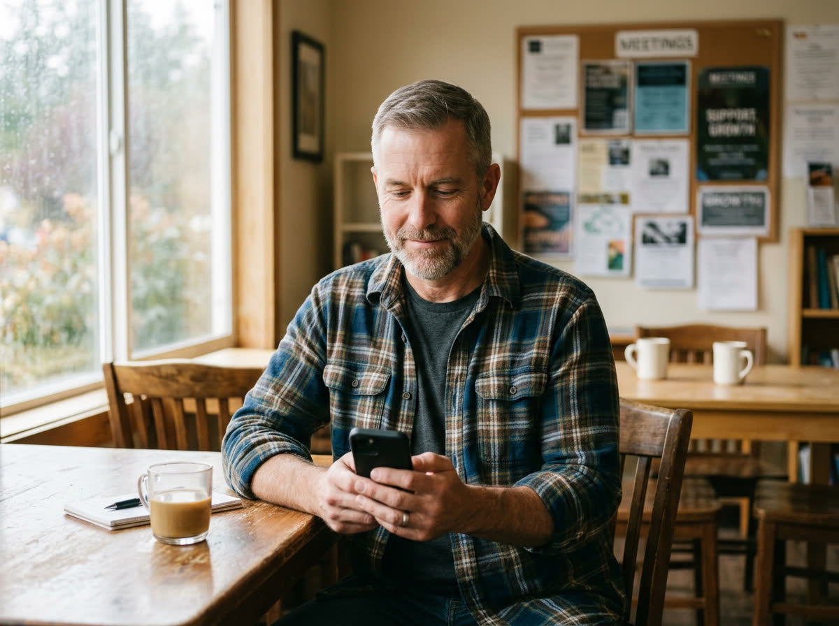 A man at a table in a community center, looking at his phone with a calm smile