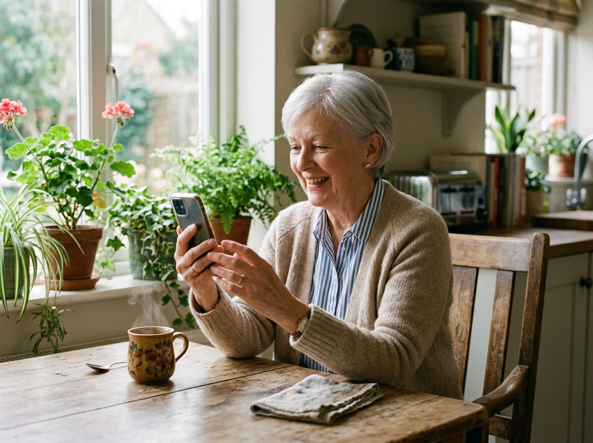 An older woman at her kitchen table, laughing as she talks to her phone