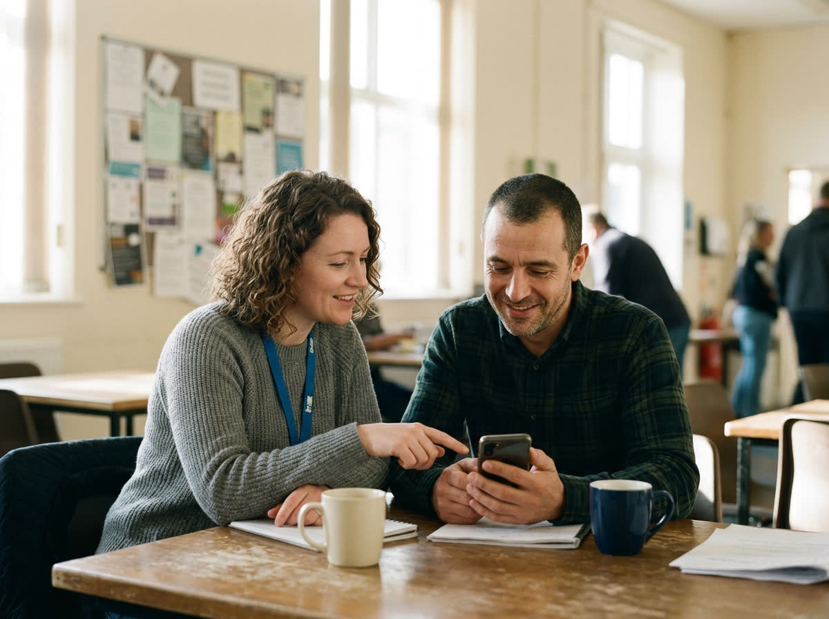 An outreach worker at a shelter table helping a man get started on his phone