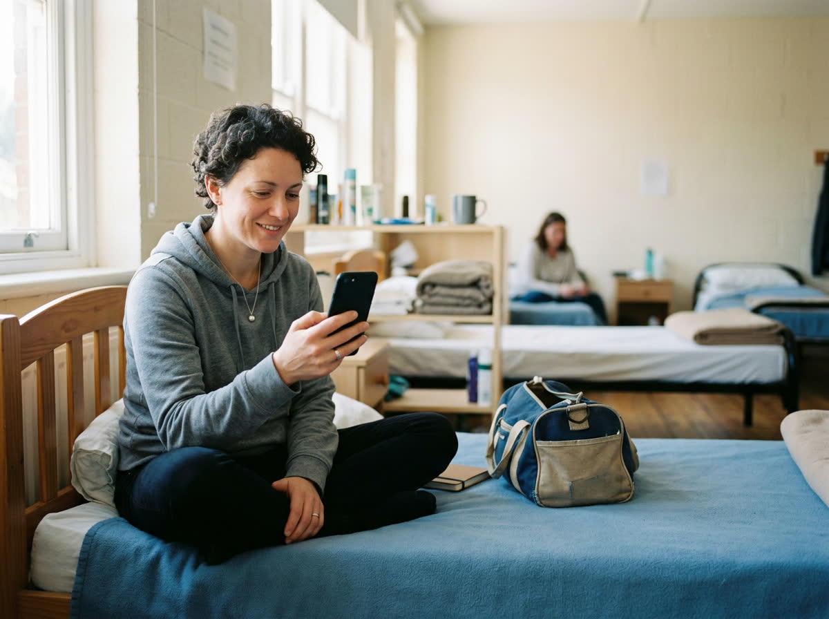 A woman sitting on her bed in a shelter room, smiling as she talks to her phone